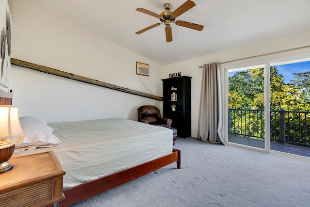 carpeted bedroom with ceiling fan, a wall unit AC, lofted ceiling, and access to outside