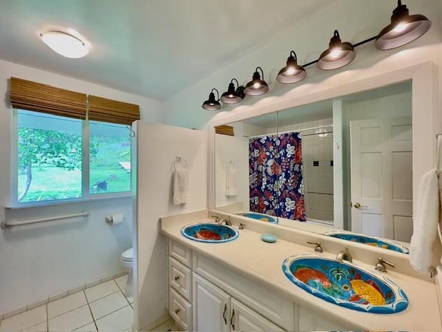 bathroom with walk in shower, tile patterned flooring, vanity, and toilet