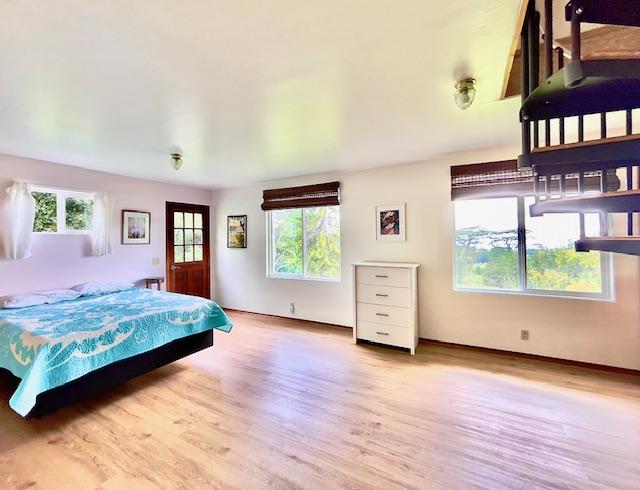 bedroom with light hardwood / wood-style flooring and multiple windows