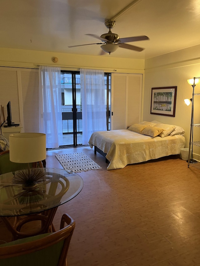 bedroom featuring access to outside and ceiling fan