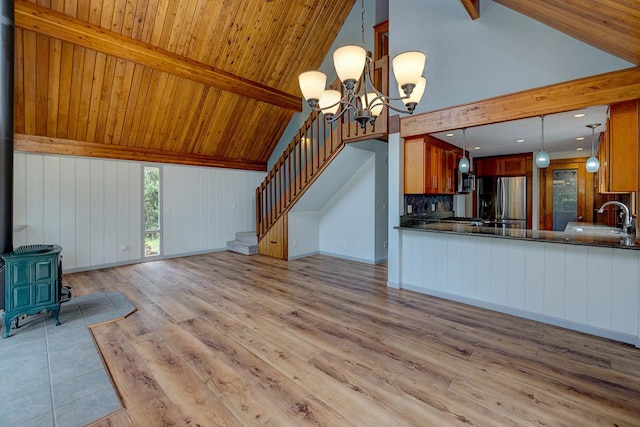 unfurnished living room featuring a wood stove, sink, a notable chandelier, wood ceiling, and light wood-type flooring