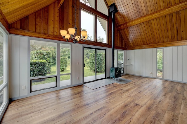 unfurnished living room featuring beam ceiling, a wood stove, light hardwood / wood-style flooring, a notable chandelier, and wood ceiling