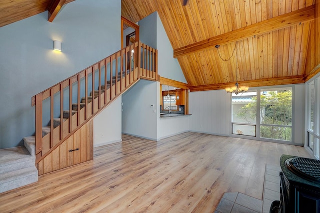 living room featuring light wood-type flooring, wood ceiling, high vaulted ceiling, a notable chandelier, and beamed ceiling