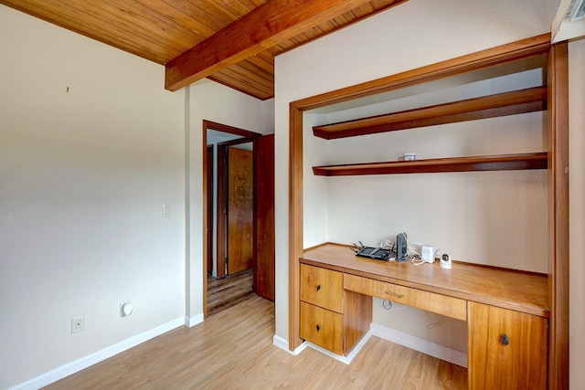 home office featuring beam ceiling, wooden ceiling, and light wood-type flooring