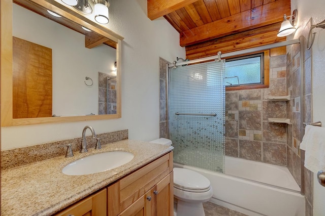 full bathroom featuring vanity, shower / bath combination with glass door, wooden ceiling, beamed ceiling, and toilet