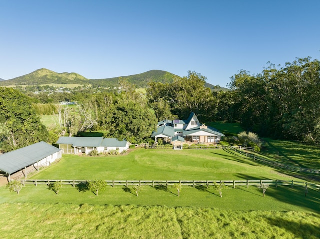 aerial view featuring a mountain view and a rural view