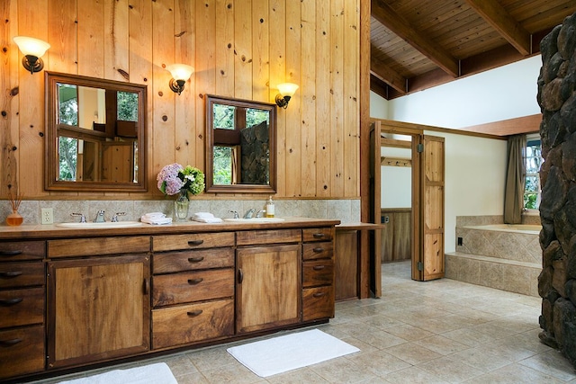 bathroom featuring plenty of natural light, beamed ceiling, wooden ceiling, and high vaulted ceiling