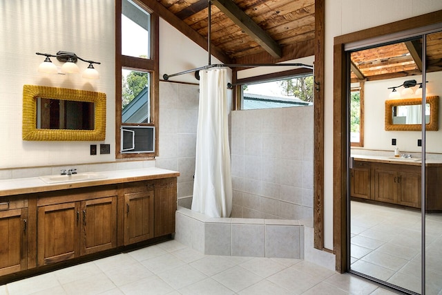 bathroom with lofted ceiling with beams, a wealth of natural light, wooden ceiling, and walk in shower