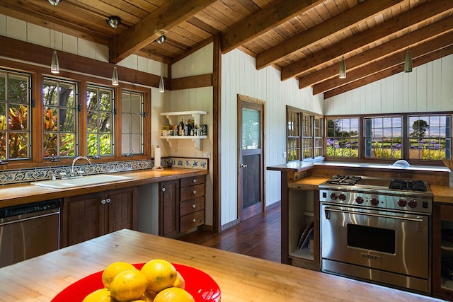 kitchen with wooden counters, appliances with stainless steel finishes, dark hardwood / wood-style flooring, sink, and lofted ceiling with beams