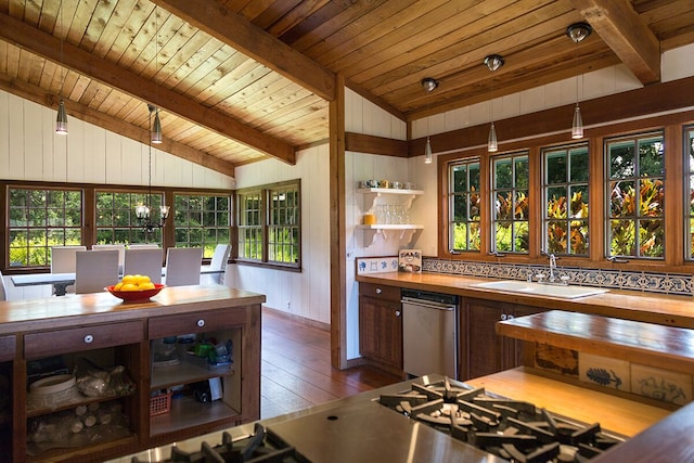 kitchen featuring vaulted ceiling with beams, sink, wood counters, and hardwood / wood-style flooring