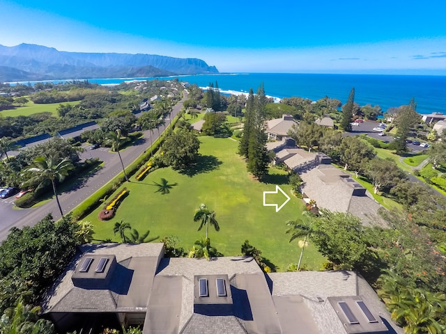 drone / aerial view featuring a water and mountain view