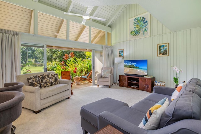 living room with ceiling fan, beamed ceiling, carpet floors, and plenty of natural light