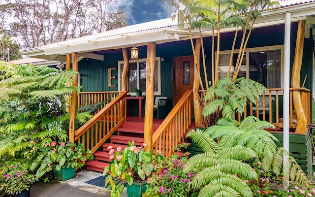 view of exterior entry with covered porch