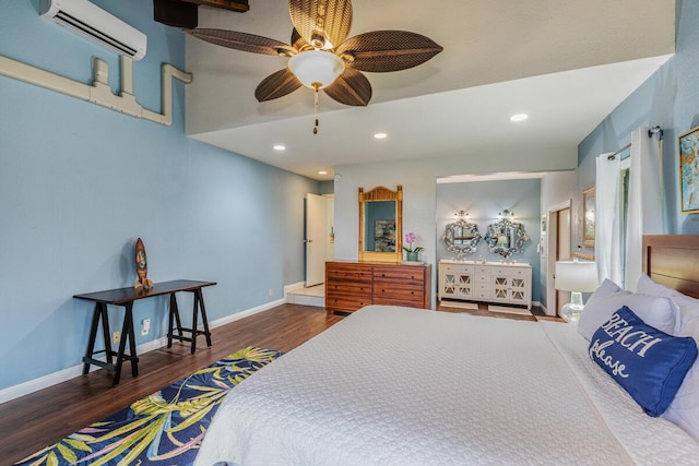 bedroom with dark wood-type flooring, a wall mounted AC, and ceiling fan