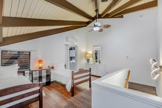 bedroom featuring a wall mounted air conditioner, wood-type flooring, vaulted ceiling with beams, ceiling fan, and wooden ceiling