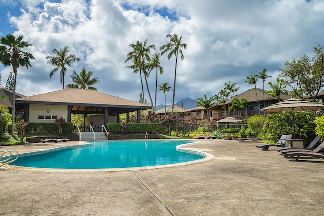 view of swimming pool featuring a patio area