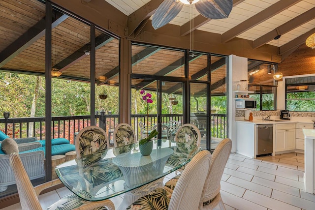 sunroom featuring wood ceiling, ceiling fan, and lofted ceiling with beams