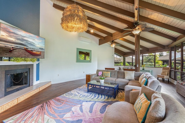 living room featuring a tile fireplace, beam ceiling, high vaulted ceiling, wood-type flooring, and an AC wall unit