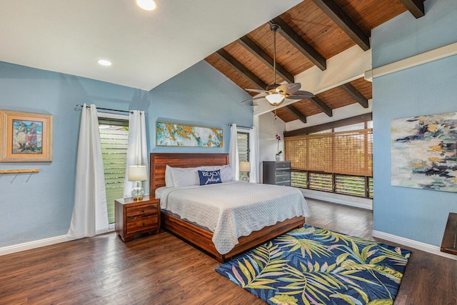 bedroom with multiple windows, vaulted ceiling with beams, dark wood-type flooring, and ceiling fan