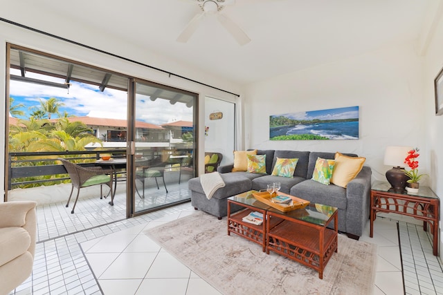 tiled living room featuring ceiling fan