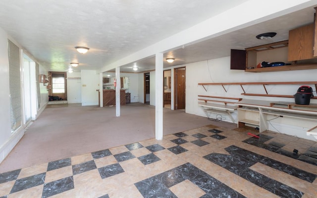 basement with a textured ceiling and carpet