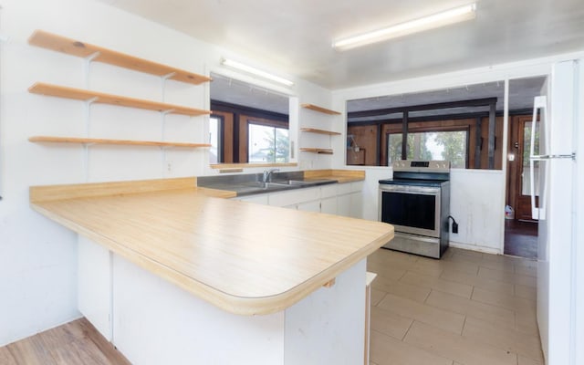 kitchen with kitchen peninsula, stainless steel electric range oven, white cabinets, and a healthy amount of sunlight