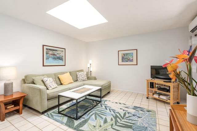 living room featuring light tile patterned flooring and a skylight