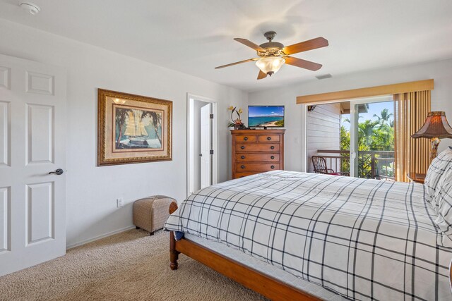 carpeted bedroom featuring access to outside and ceiling fan