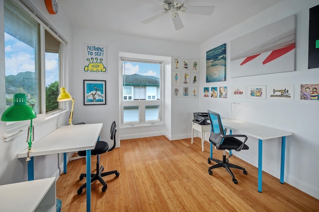 office featuring hardwood / wood-style flooring and ceiling fan