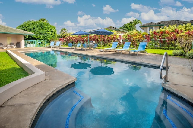 view of pool with a patio area and a hot tub