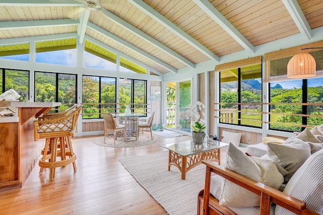 sunroom featuring lofted ceiling with beams and wooden ceiling