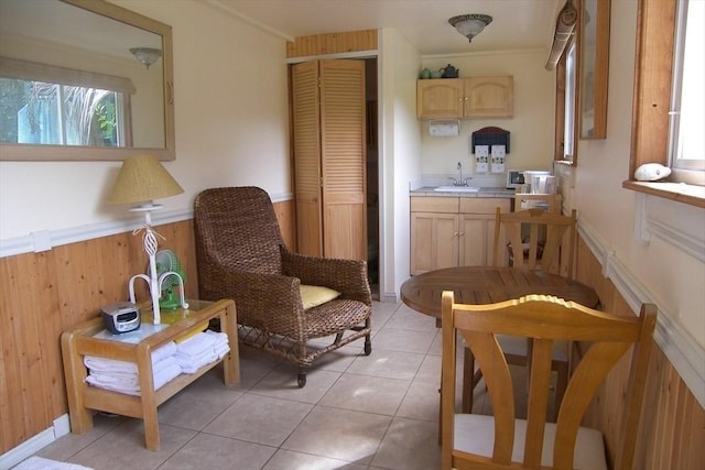 living area with light tile patterned floors, sink, and wooden walls