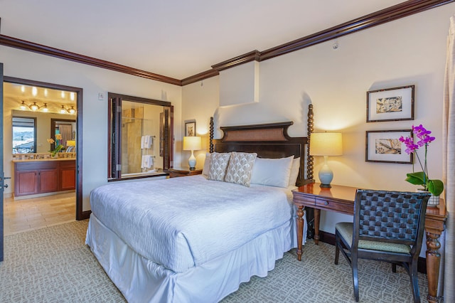 bedroom with ensuite bathroom and ornamental molding