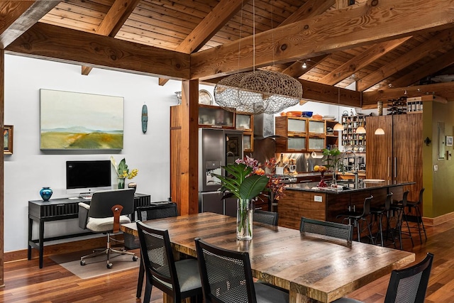 dining space with lofted ceiling with beams, dark hardwood / wood-style floors, and wooden ceiling