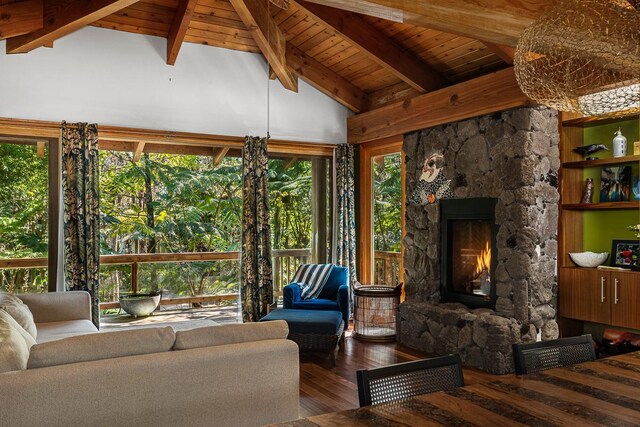 sunroom featuring a fireplace, lofted ceiling with beams, and wood ceiling