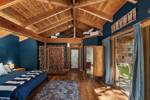 unfurnished bedroom featuring hardwood / wood-style floors, wood ceiling, beamed ceiling, and high vaulted ceiling