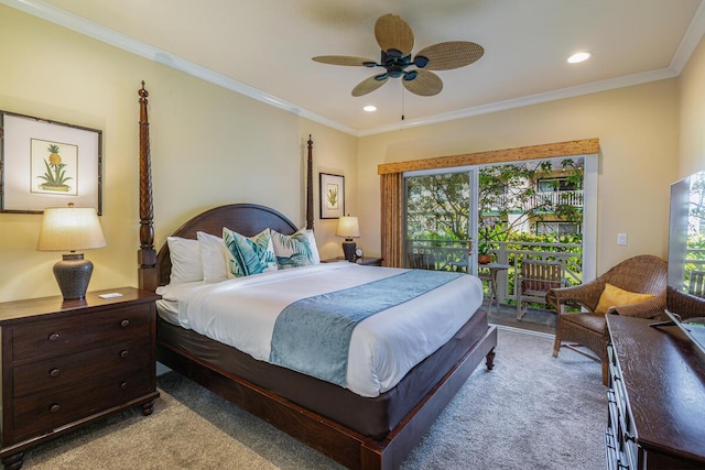 carpeted bedroom with access to exterior, multiple windows, ornamental molding, and ceiling fan