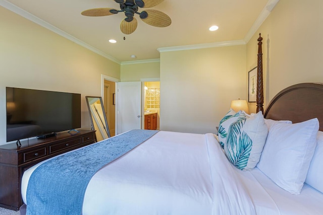 bedroom with ceiling fan, ornamental molding, and ensuite bathroom