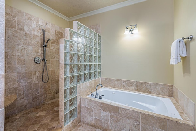 bathroom with ornamental molding, a textured ceiling, and plus walk in shower