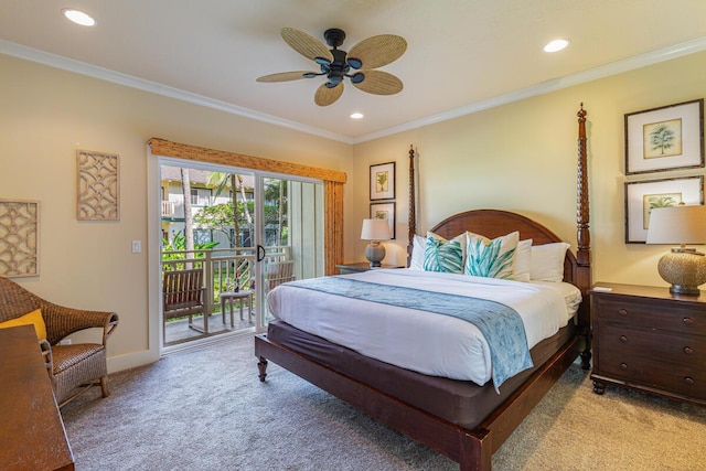 carpeted bedroom featuring access to outside, ceiling fan, and ornamental molding