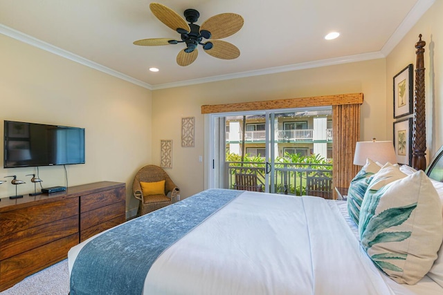 carpeted bedroom featuring access to exterior, ceiling fan, and ornamental molding