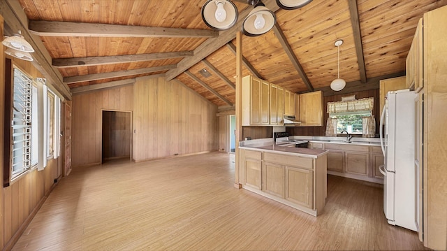 kitchen featuring pendant lighting, sink, electric stove, wooden walls, and light brown cabinetry