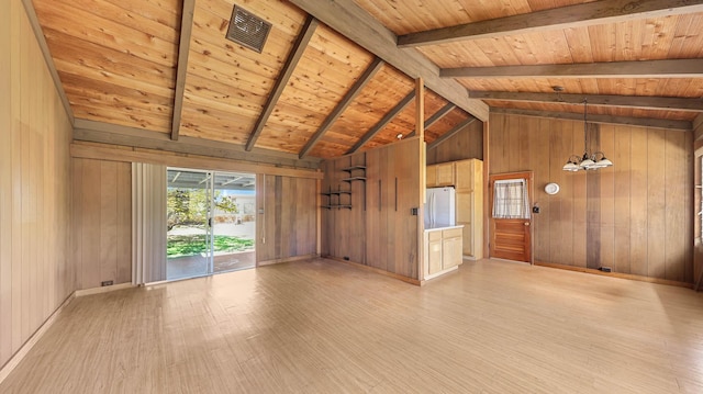 unfurnished room featuring wood walls, light hardwood / wood-style flooring, and wooden ceiling