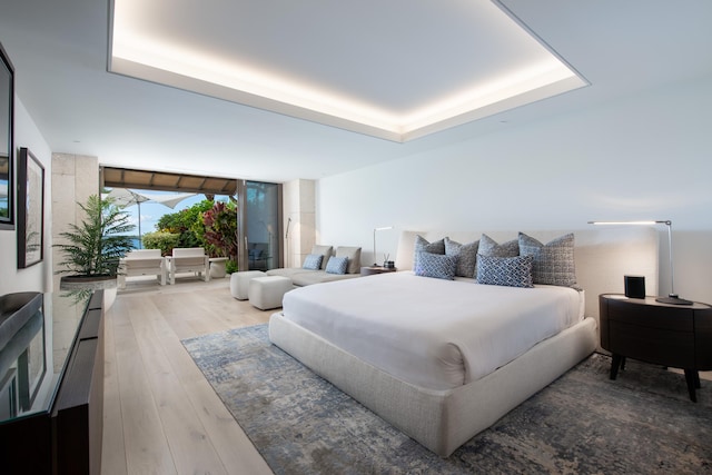 bedroom with a raised ceiling and hardwood / wood-style flooring