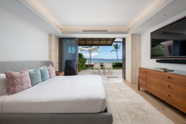 bedroom with a tray ceiling, access to exterior, and light hardwood / wood-style flooring