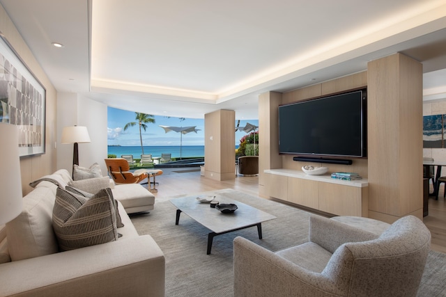 living room featuring light hardwood / wood-style floors and a tray ceiling