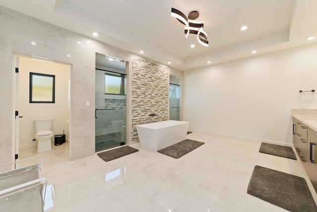 full bathroom featuring a raised ceiling, vanity, plus walk in shower, and toilet