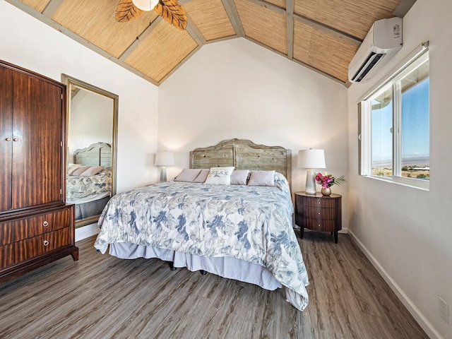 bedroom with wood ceiling, ceiling fan, a wall mounted AC, wood-type flooring, and lofted ceiling