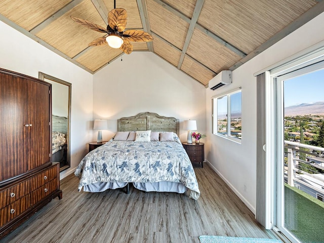 bedroom with ceiling fan, a wall mounted air conditioner, wood-type flooring, vaulted ceiling, and wood ceiling