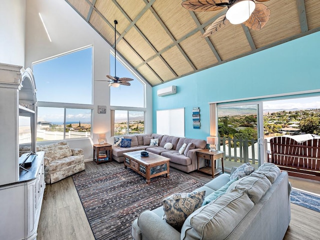 living room with wooden ceiling, wood-type flooring, high vaulted ceiling, and an AC wall unit